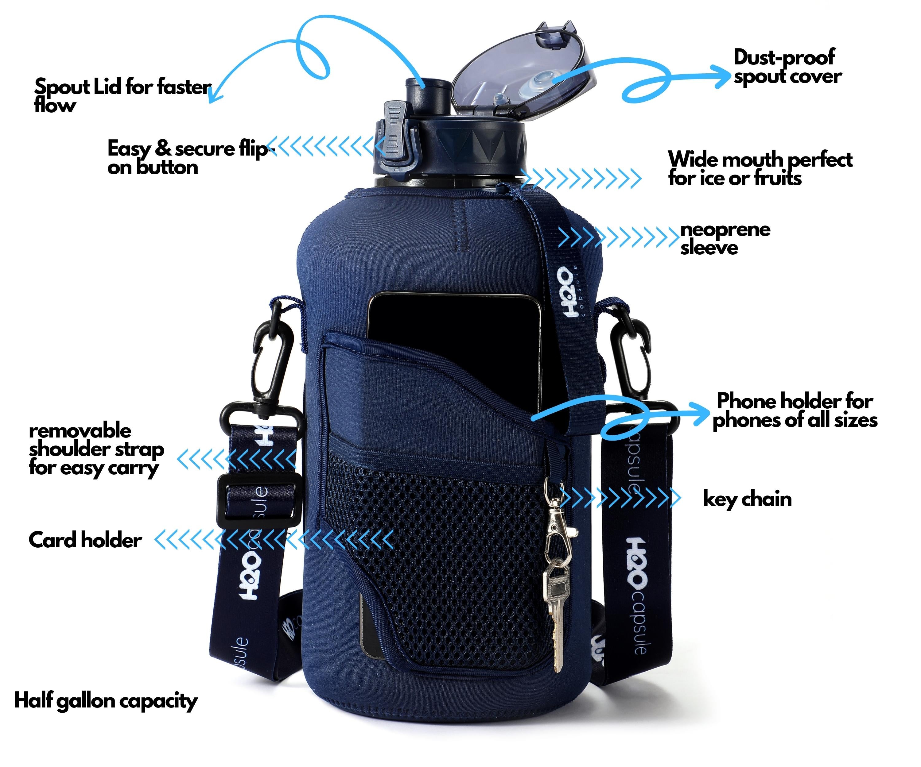 Navy Blue -Carry-all -Half Gallon Water Bottle with Storage Sleeve and ...