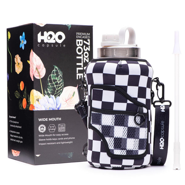 H2O Capsule 2.2L Half Gallon Water Bottle with Storage Sleeve and Covered Straw Lid – BPA Free Large Reusable Drink Container with Handle - Big