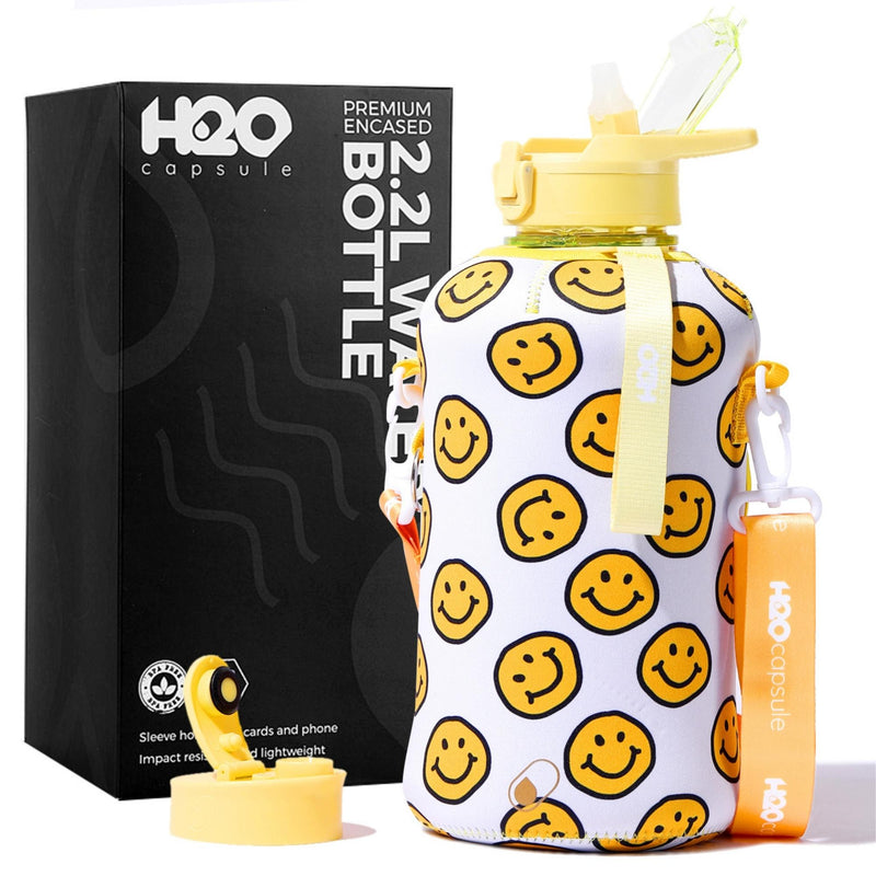 H2o Capsule 2.2l Half Gallon Water Bottle with Storage Sleeve and straw lid